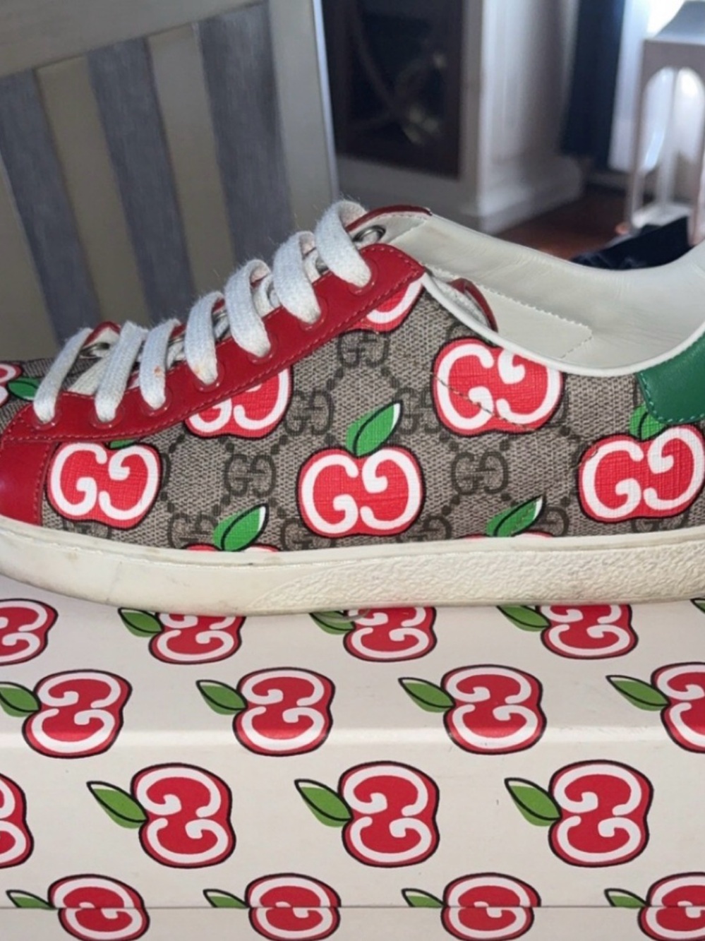 Gucci Kids GG Canvas Apple Print Sneaker in Red, Green, White